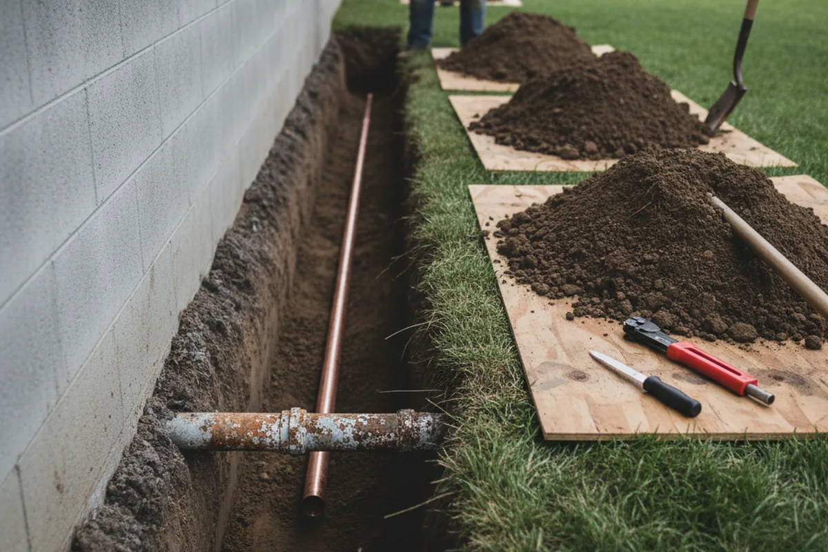 Excavated water line trench during Water Softener Installation in Meally